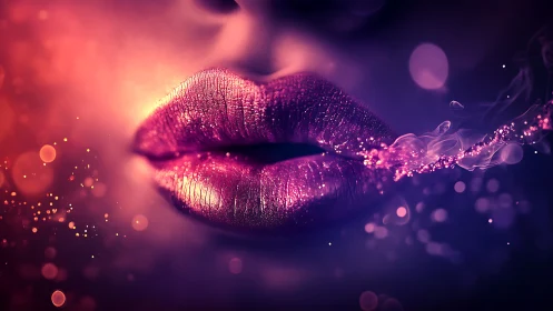 Glittered magenta lips exhaling luminous smoke trail.