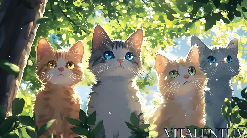 Four Animated Cats in Sunlit Foliage.