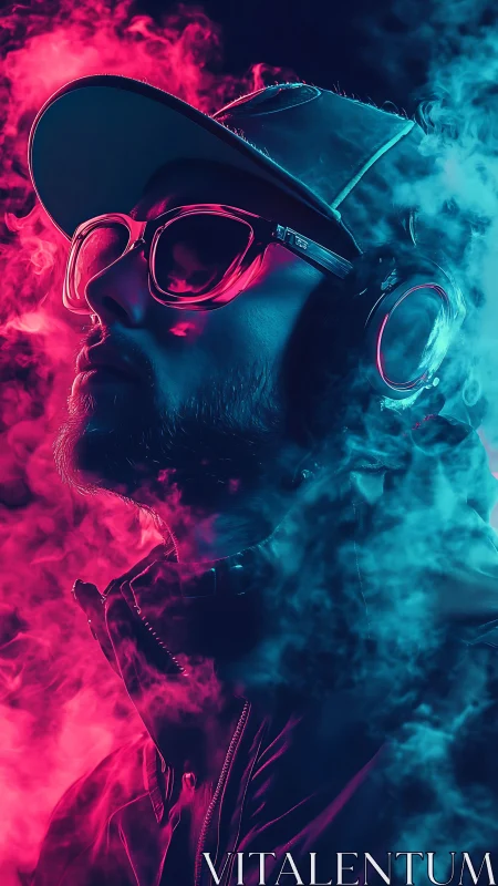 Neon soundwaves crown a headphone hero in drifting vapor