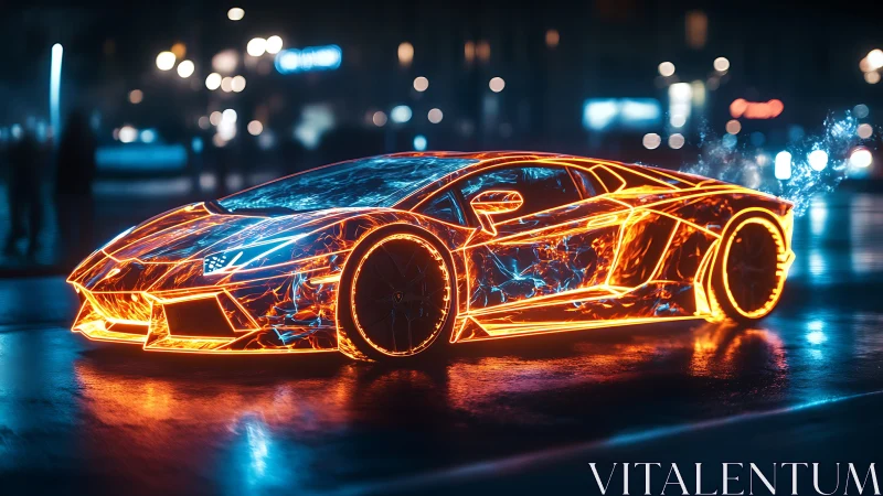 Neon outlined sports car is rendered on a wet city street