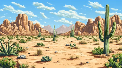 Sunlit desert valley with friendly cacti and rugged cliffs.