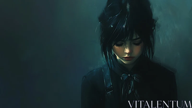 Melancholic girl in shadows contemplates in teal-tinted silence