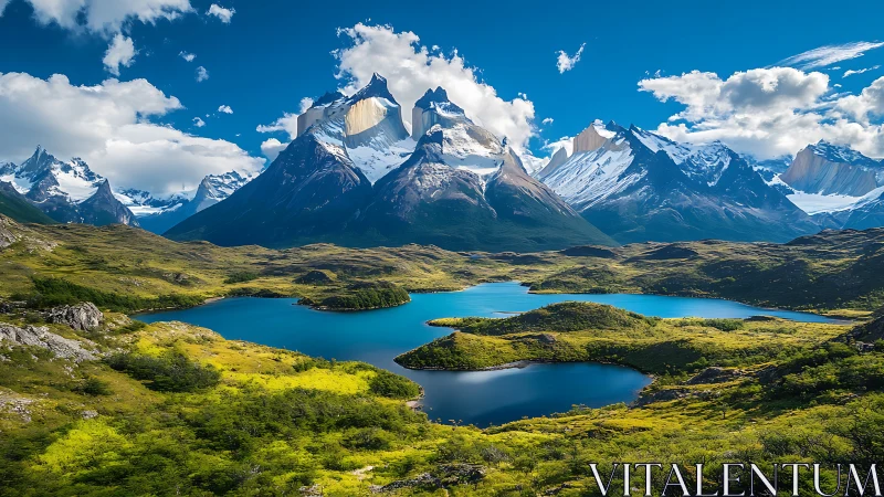 Snowbound granite peaks crown vivid turquoise glacier lakes.