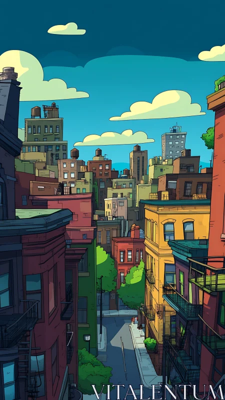 Colorful city neighborhood basks under clear cartoon sky.