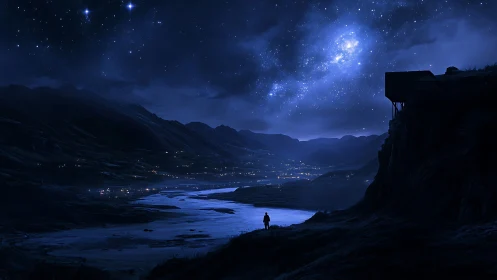 Starry night valley with lone figure by glowing river.
