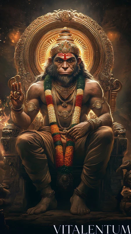 Regal monkey deity resting on a glowing golden throne.