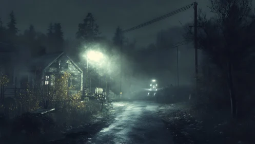 Foggy rural road glows under eerie streetlights at midnight