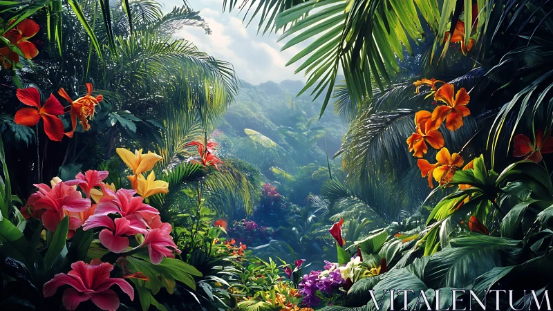 Dense tropical foliage frames a central misty jungle valley