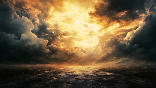 Apocalyptic storm horizon under incendiary golden sky.