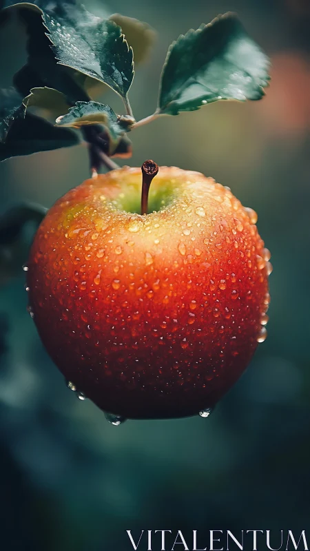 Red apple on tree branch covered in fresh water droplets.