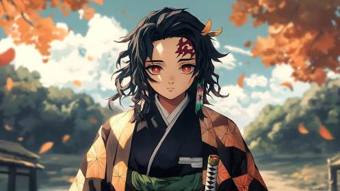 Autumn-eyed warrior in patterned haori beneath drifting leaves.