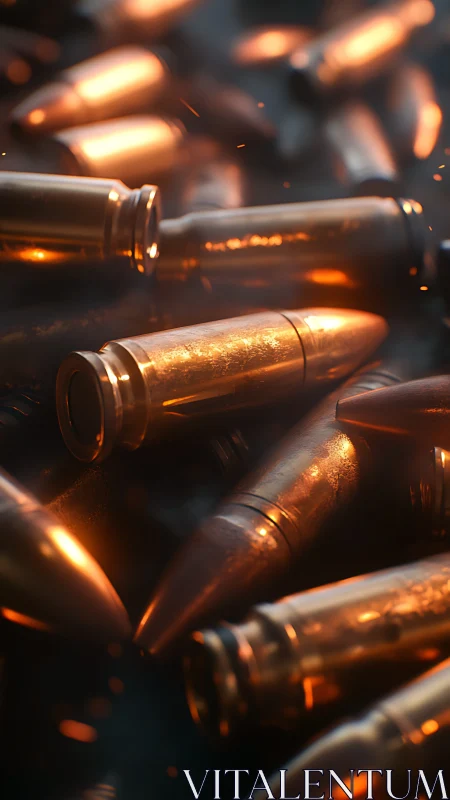 Close-up view of metallic bullets with orange reflections.