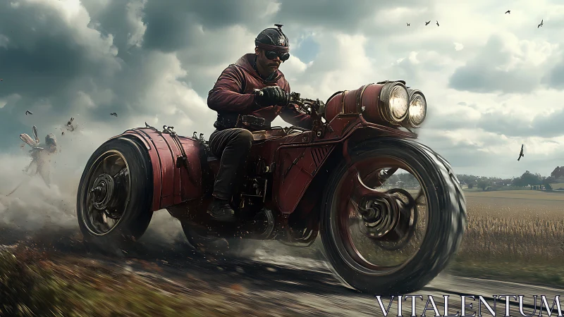 Rider on custom three wheeled motorcycle in rural landscape.