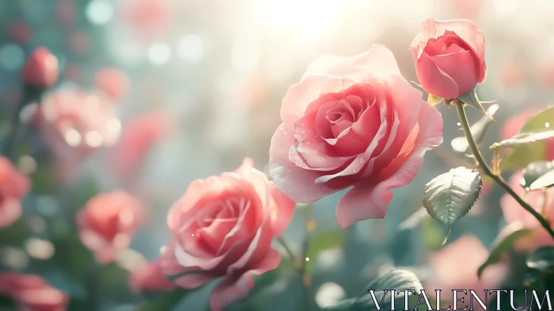 Blooming Pink Roses in Soft Golden Light.