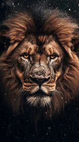 Front-facing lion portrait shows detailed mane and snowfall