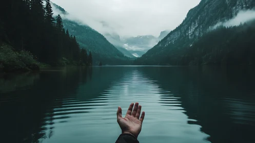 Outstretched hand over calm alpine lake with misty mountains.