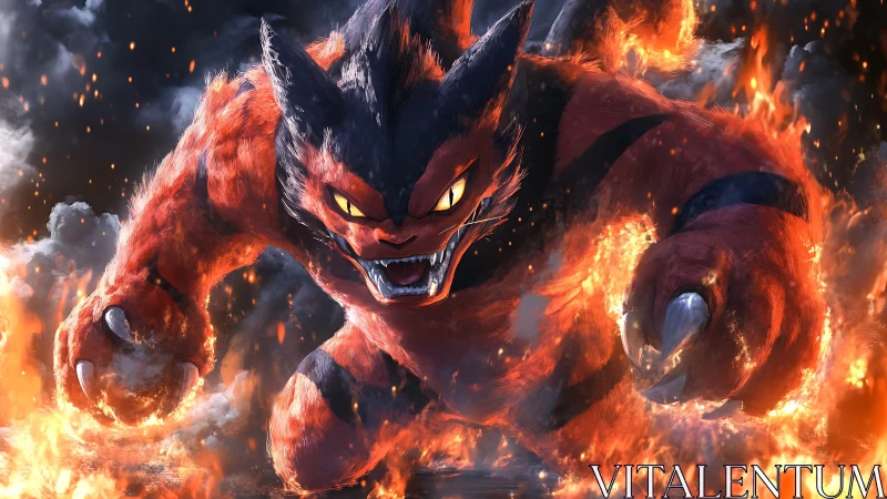 Flaming feline heavyweight charging through explosive firestorm