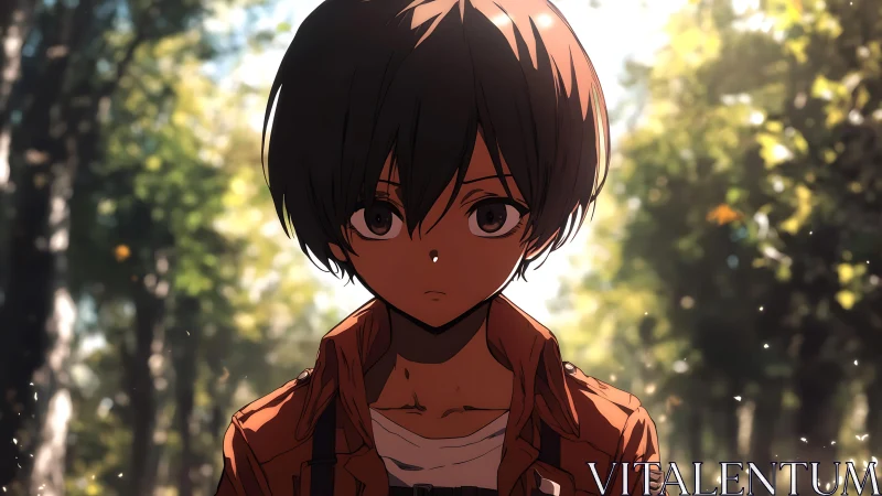 Backlit anime teen under shallow-depth woodland bokeh field.