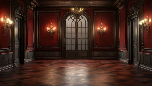 Candlelit crimson ballroom waits in hushed, gilded splendor.