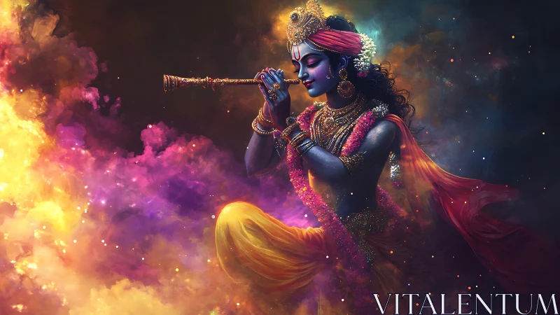 Celestial flute player drifts through cosmic color storms.