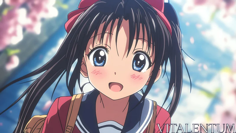 Smiling anime schoolgirl under soft spring blossoms background.