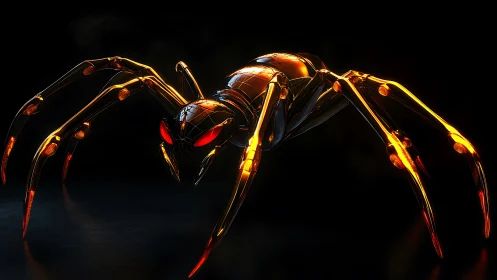 Molten metal spider glows in sleek futuristic darkness.