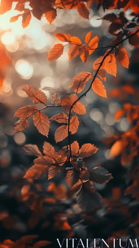 Autumn foliage branch against defocused forest background.