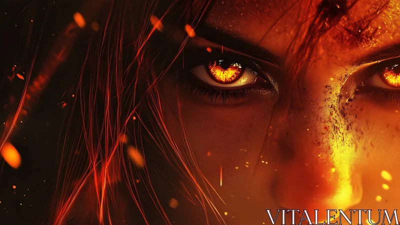 Glowing ember eyes and particle-lit face rendered in fiery detail