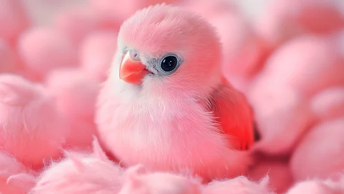 Fluffy Pink Baby Bird in Soft Pastel Surroundings, Dreamy Style.