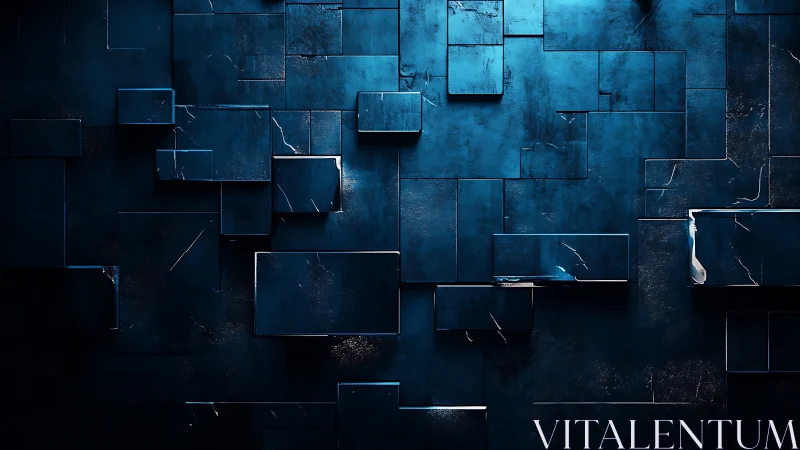 Midnight blue geometric wall where fractured rectangles glow.