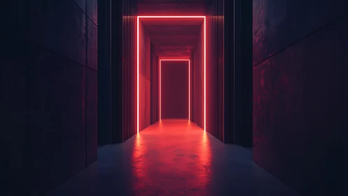 Neon red portal corridor with dark concrete walls and glow