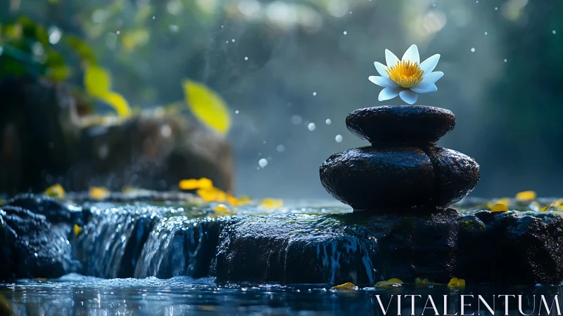 Stacked black stones with water lily by small waterfall.