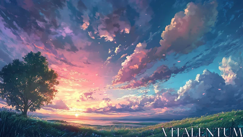 Soft sunset horizons beneath a storybook pastel sky.