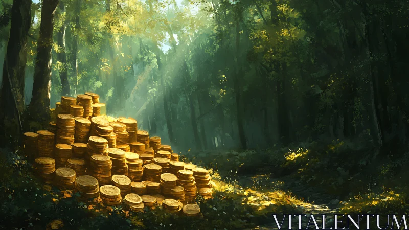 Hidden forest gold coins blaze under filtered morning light.