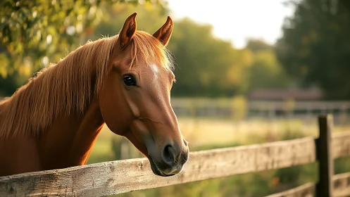 Horse stands beside wooden fence in soft evening light