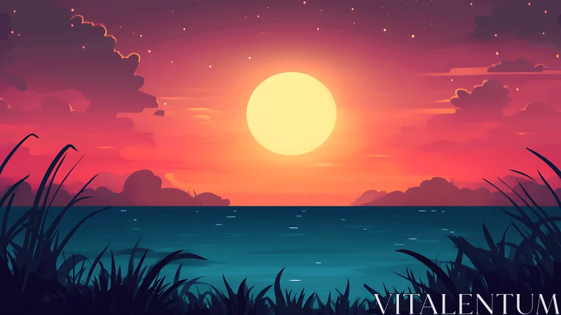 Glowing sunset gently settles over calm ocean waves tonight