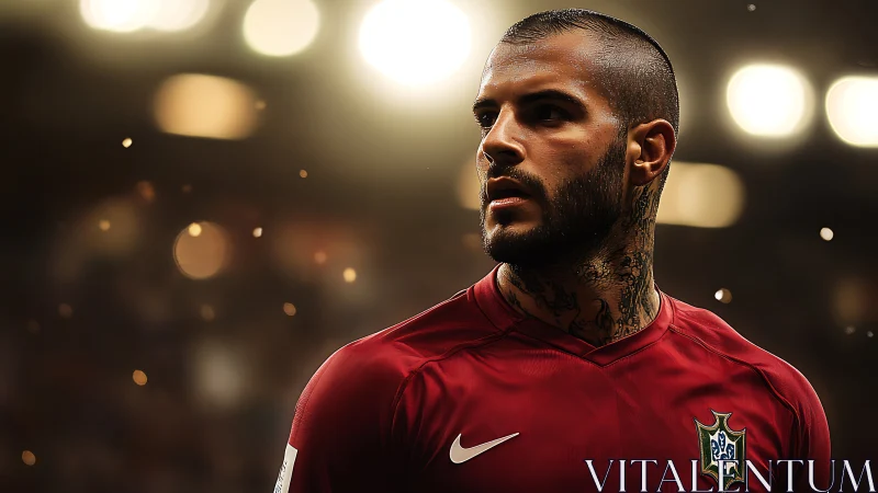 Tattooed footballer studies pitch under dramatic stadium lights.