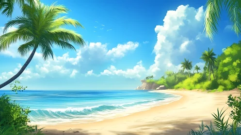 Tropical Paradise Beach with Palm Trees and Gentle Waves.