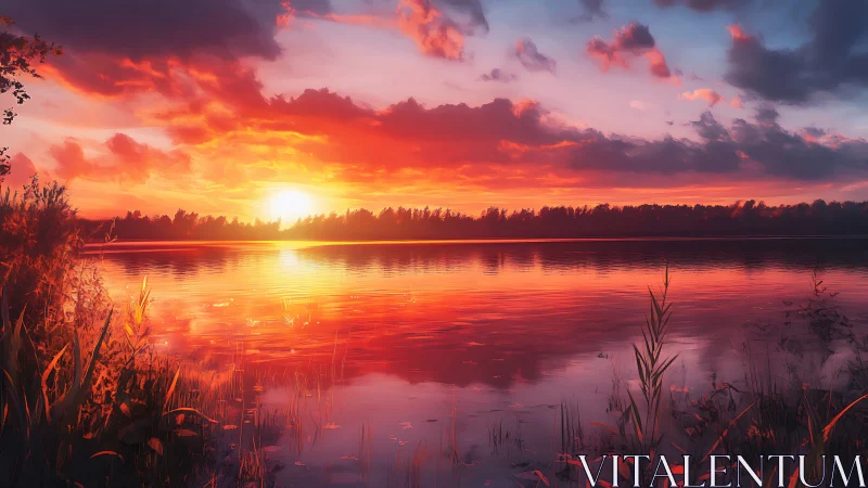 Sunset light evenly illuminates calm lake and shoreline vegetation