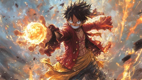 Anime fighter with flaming energy sphere amid explosions.