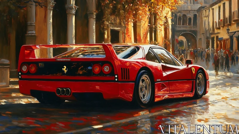 Red Ferrari sports car in sunlit European city street.