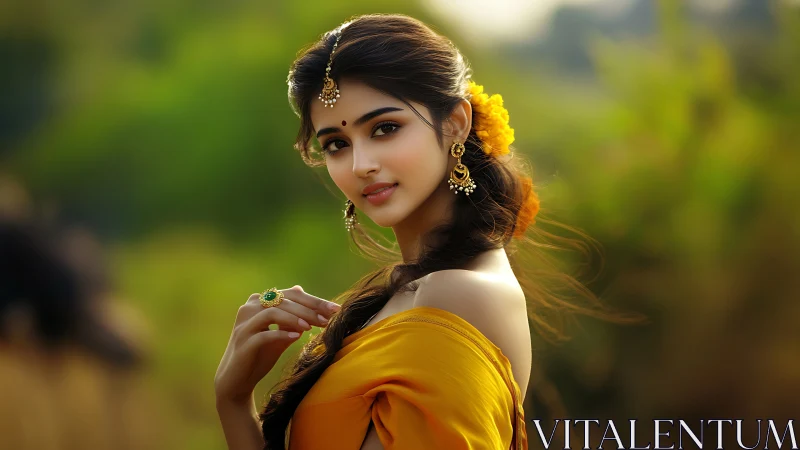 Portrait of woman in saffron sari under soft evening light.