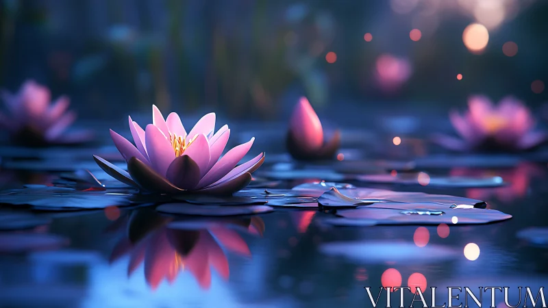 Volumetric lit waterlily renders with shallow depth bokeh field