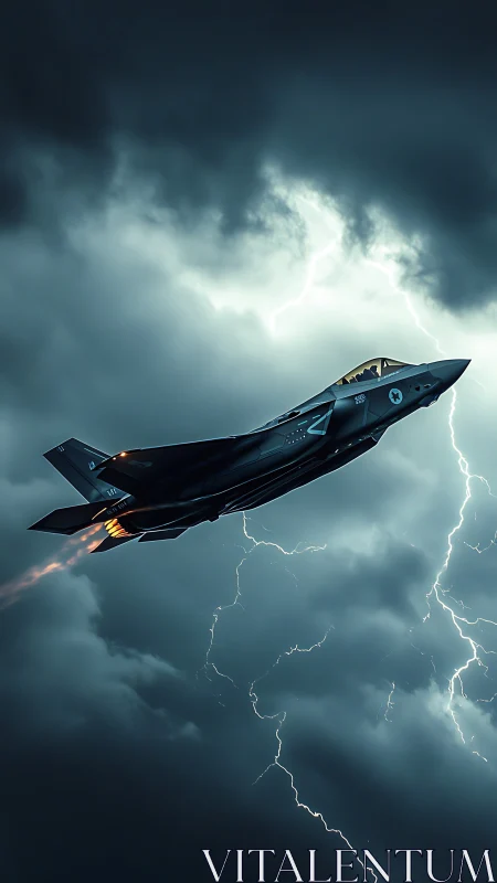 Stealth fighter jet climbs through storm clouds at speed.