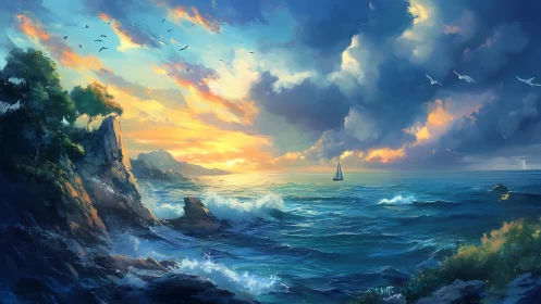 Storm-kissed sunset ocean cradles a lone wandering sailboat.