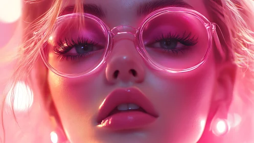 Close portrait of woman in pink-tinted round glasses.