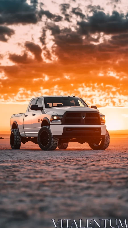 Lifted white off road pickup truck at vivid desert sunset