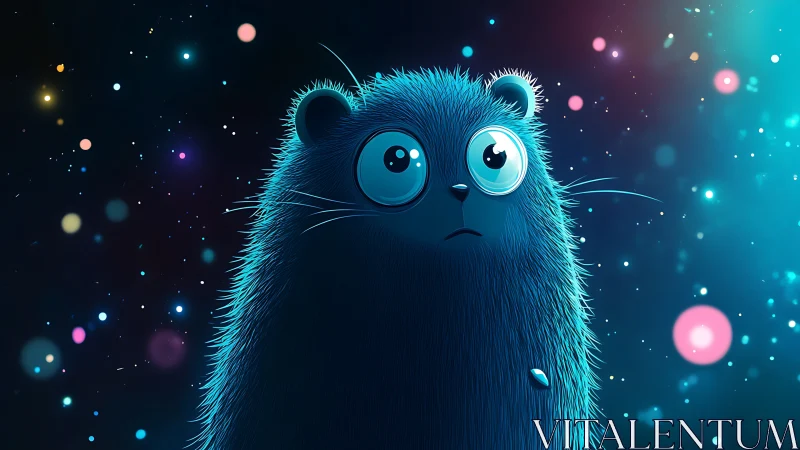 Wide-eyed blue creature gazes into a dreamy neon cosmos