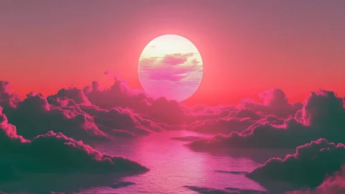 Neon sun sinks through magenta clouds over reflective sea