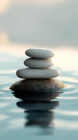 Zen stones balance over still water under soft sunrise glow.